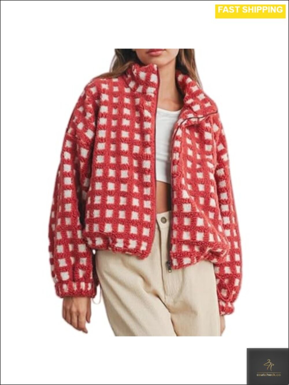 Womens Fuzzy Sherpa Plaid Zip Up Cropped Jacket Long Sleeve Fall Winter Coat